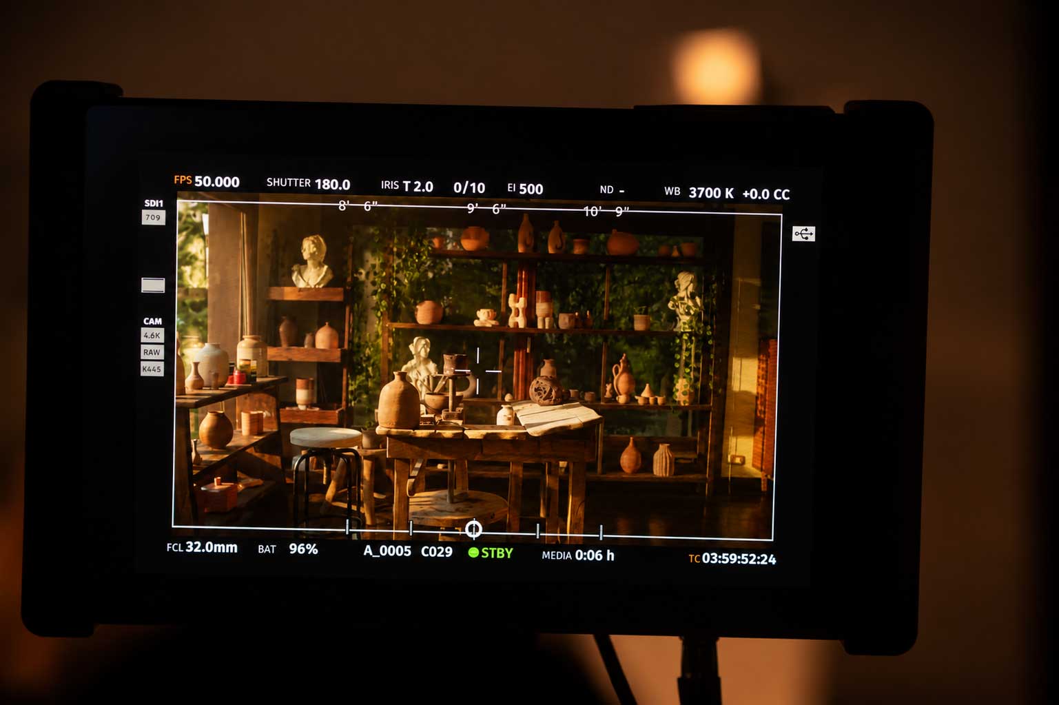 Camera monitor framing the pottery room set — Lahza music video, Strike Media